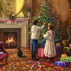 a painting of two children decorating a christmas tree in front of a fire place