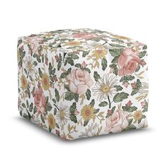 a white and pink floral print ottoman cover