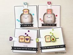 three cards with toaster and avocado on them, one says toast to you the other says toast to my heart