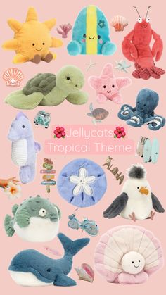 various stuffed animals and sea creatures on a pink background with the words jellycats tropical theme