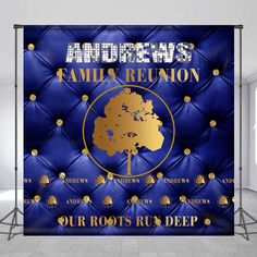 an image of a blue and gold family reunion backdrop