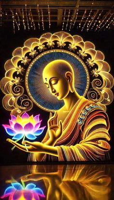 the buddha is holding a lotus flower in his right hand and it's reflection on the ground