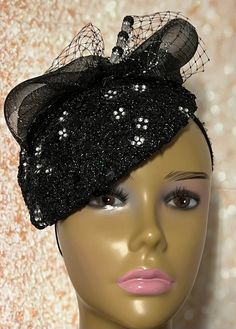 Black Sequin Lace Teardrop Rhinestone Fascinator Half Hat for Church Head Covering, Weddings, Tea Parties and  Other Special Occasions The hat is trimmed with rhinestones and hat pin. The hat pin may vary.  The hat affixes to the head via a hatstring.  The hat measures approximately 6 X 8 inches. Handmade Gifts for mom, sister, wife, or yourself. Luxury Black Hat With Rhinestones, Black Gatsby Style Fascinator For Evening, Black Gatsby Fascinator For Evening, Gatsby Style Black Fascinator For Parties, Black Gatsby Style Fascinator For Party, Black Gatsby Fascinator For Parties, Adjustable Party Headpiece With Rhinestones, Black Gatsby Style Party Fascinator, Adjustable Rhinestone Headpiece For Party