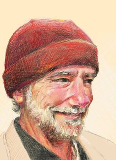 a drawing of an older man with a red hat and beard smiling at the camera