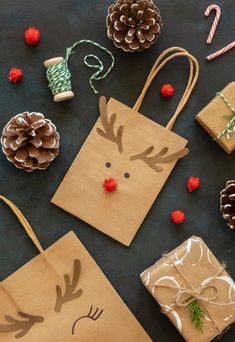 brown paper bags decorated with reindeer faces and pine cones