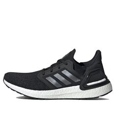 adidas UltraBoost 20 Core Black Marathon Running Shoes/Sneakers Black Running Shoes For Training, Black Sportswear Running Shoes For Training, Black Running Shoes With Boost Midsole, Black Sportswear Running Shoes With Boost Midsole, Black Running Sneakers With Three Stripes Branding, Black Sneakers With Three Stripes For Running, Adidas Training Sneakers, Black Sporty Running Shoes With Three Stripes Branding, Black Sporty Running Shoes