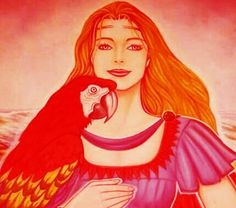 a painting of a woman holding a parrot