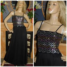 "Original label - No label Material - Poly blend...Stretch...label says dry clean Fabulous Seventies maxi evening/disco dress in black with black/silver/pastel sequinned bust Spaghetti straps Some stretch to the bodice Flared skirt Unlined so skirt may be ever so slightly sheer No zipper...pulls on over head Vintage condition- Very good Vintage condition Approx UK size is a 10 Bust 34\"-37\" Waist 28\" Hips free Length 55\" INTERNATIONAL SIZE CHART UK 6 8 10 12 14 16 18 AU 6 8 10 12 14 16 18 US Retro Sleeveless Party Maxi Dress, Retro Sleeveless Maxi Dress For Party, Vintage Maxi Dress For Night Out, Vintage Black Maxi Dress For Party, Black Disco Evening Dress, Retro Floor-length Maxi Dress For Party, Black Pastel, Disco Dress, Maxi Robes