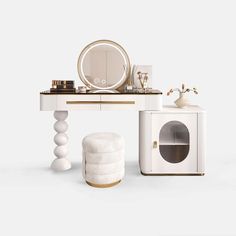 a white vanity table with a mirror, stool and other items on top of it