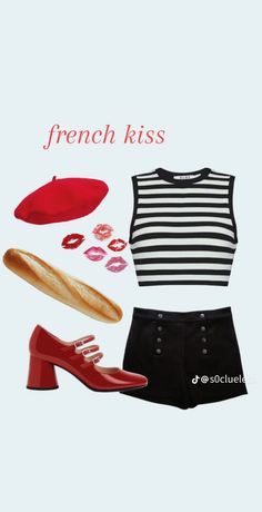 a woman's outfit and shoes are shown with the words french kiss