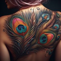 the back of a woman's body with colorful peacock feathers on her upper back