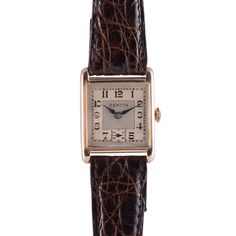 Vintage Swiss Zenith Art Deco mens rose gold wrist watch, circa 1930. This 9 karat rose gold square case wrist watch features a restored original silver dial and enamel numerals. The Zenith Art Deco watch has a 17 jewel movement. Case #75834, 9-1/2 ligne. [SSHO 412] Warranty This watch comes with a full 18 month warranty from the date of purchase. Antique Rectangular Watch Band For Formal Occasions, Classic Square Watches With Diamond Hour Markers, Classic Square Watch For Formal Occasions, Classic Square Formal Watches, Classic Square Watches For Formal Occasions, Timeless Rectangular Rose Gold Watch Accessories, Timeless Rose Gold Rectangular Watch Accessories, Art Deco Rectangular Watch With Diamond Hour Markers, Art Deco Rectangular Watch With Diamond Markers