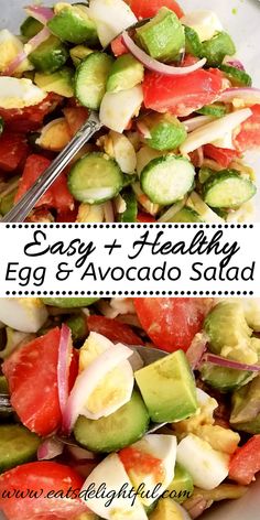 a salad with avocado, tomatoes and cucumbers in it on a white plate