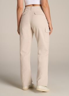 About Our Straight Leg Cargo Chino Pants for Tall Women The style and utility of a cargo pant meets an extra-long inseam on these chinos for tall women. Designed specifically for ladies from 5’9 to 6’6, they have a high rise and a straight leg that creates a modern, flattering fit. These women’s tall pants are made with stretch-infused cotton that’s been pre-washed and shrinkage controlled to make sure the silhouette stays perfect. Store everything you need for a day on the go with plenty of poc Beige Straight Leg Cargo Pants With Five Pockets, Fitted Full-length Cotton Cargo Pants, Casual Beige Full-length Cargo Pants, Beige High Waist Non-stretch Cargo Pants, Beige High-waist Cargo Pants With Side Pockets, Womens Chinos, Tall Pants, High Rise Pants, Cargo Pant