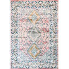 an area rug with various colors and patterns on the front, including blue, pink, yellow