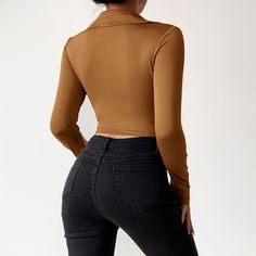 Sexy Slim V-neck Crop Top Brown Autumn, Slim Fit Top, Casual Tops For Women, Neck Crop Top, Solid Clothes, Fashion Vintage, Types Of Fashion Styles, Casual Fall, V Neck Tops