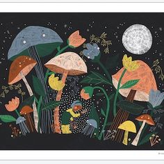 an image of mushrooms and plants in the night sky