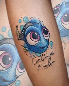 some tattoos on the legs of people with blue and pink ink, including an image of stitch