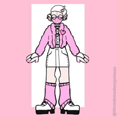 a drawing of a person with pink clothes and goggles, standing in front of a pink background