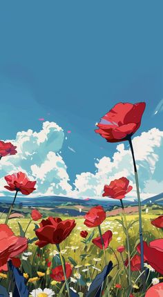 a painting of red poppies in a field under a blue sky with white clouds