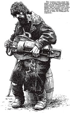 a black and white drawing of a man with a guitar in his hand, standing next to a barrel