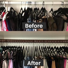 before and after photos of a closet with clothes hanging on racks, the bottom shelf is filled with bras