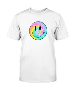 Tie-Dye Smiley Face Retro Aesthetic T-Shirt ﻿The model is wearing white. Despite every effort to provide accurate images of each product and design the colors may vary slightly, due to different device screen settings and photography lighting. Please be aware that our clothes are not oversized. If you desire an oversized look we recommend ordering 2-3 sizes larger than how you size on our size guides. Classic Fit 100% Cotton Preshrunk jersey knit Seamless double-needle 7/8" collar Taped neck and White Relaxed Fit Top With Smiley Face, White Smiley Face Top With Relaxed Fit, Fun White T-shirt For Streetwear, Fun White T-shirt With Funny Print, Fun White T-shirt With Sublimation Print, Trendy Tie Dye T-shirt With Graphic Print, White Fun T-shirt With Funny Print, White Crew Neck Top With Smiley Face, White Basic T-shirt With Funny Print