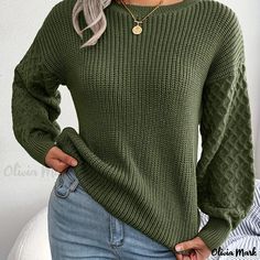 Olivia Mark - Solid Color Crew Neck Sweater, Casual Long Sleeve Sweater For Fall & Winter, Women's Clothing Sweater Care, Sweaters Fall, Lantern Sleeve Sweater, Loose Fit Sweater, Pullover Mode, Solid Sweaters, Tops Long Sleeve, Knitted Tops, Long Sleeve Knit Sweaters