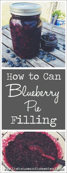 blueberry pie filling in a jar with the words how to can blueberry pie filling