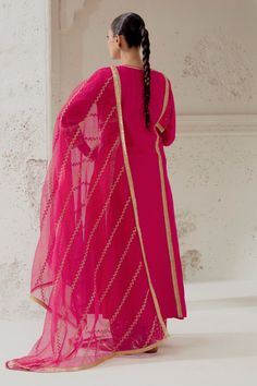 Pink kalidar cut kurta with floral embroidery on the yoke and sleeves. Paired with a chanderi dogri salwar and embroidered organza dupatta. - Aza Fashions Salwar Pattern, Embroidered Organza, Organza Dupatta, Embroidered Silk, Set For Women, Aza Fashion, Floral Embroidery, Three Quarter, Types Of Sleeves