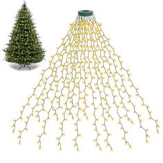 a christmas tree with yellow lights next to a small fir tree