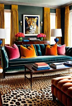 a living room filled with lots of colorful furniture