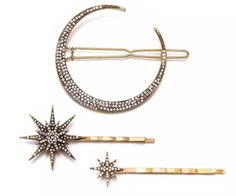 3 pc Celestial Moon and Stars Hairpin Hair Clip Set Hair Accessories Pins, Crystal Hair Clips, Vintage Moon, Rhinestone Hair Pin, Rhinestone Hair Clip, Star Hair, Geometric Star, Hair Jewelry Wedding, Moon And Star