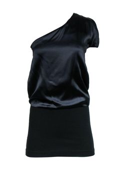 Current Boutique-Theory - Black One-Shoulder Satin & Knit Tunic Sz 4 Asymmetrical Satin Top For Night Out, Satin Top With Asymmetrical Neckline For Night Out, Satin Tops With Asymmetrical Neckline For Night Out, Sleek Stretch Top For Formal Occasions, Sleek Top With Asymmetrical Neckline For Night Out, Sleek Asymmetrical Top For Evening, Sleek Asymmetrical Tops For Evening, Stretch Satin Tops For Date Night, Elegant Top With Asymmetrical Neckline For Night Out