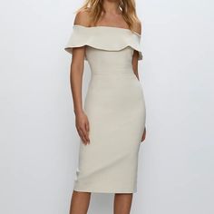 Color Is Listed As Bone, Nwt Condition Aritzia Elegant Midi Dress With Ruffles And Straight Neckline, Beige Off-shoulder Cocktail Dress, Beige Off-shoulder Evening Dress, Elegant Off-shoulder Beige Dress, Elegant Beige Off-shoulder Dress, Beige Evening Dress With Straight Neckline, Beige Evening Dresses With Straight Neckline, Chic Off-shoulder Beige Dress, Chic Beige Off-shoulder Dress