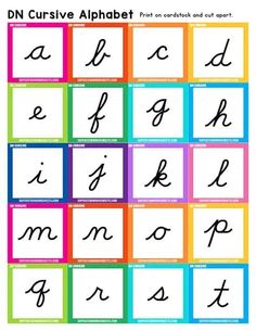 the dn cursive alphabet is shown in different colors