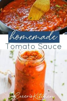 homemade tomato sauce in a glass jar with a wooden spoon on the side and an image of