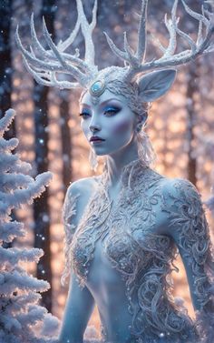 a woman dressed in white with deer antlers on her head is standing next to a christmas tree