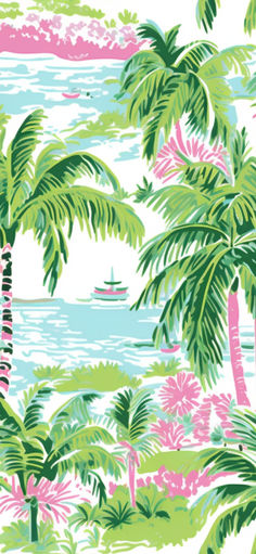 a tropical scene with palm trees and a boat in the distance