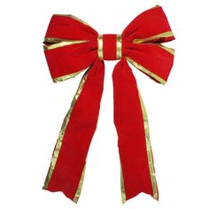 a red bow with gold stripes on it