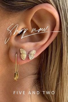 Leona + Dani Everyday Nickel-free Butterfly Jewelry, What I Like About You, Cool Ear Piercings, Butterfly Wing Earrings, Jewelry Dainty, Butterfly Wing, Wing Earrings, Gold Butterfly, Lovely Jewellery