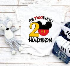 a mickey mouse birthday shirt with the number two on it, next to a stuffed animal