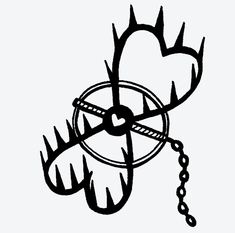 a black and white drawing of a heart with spikes on it's side, hanging from a chain