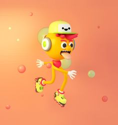 an orange cartoon character with headphones and skateboard in front of bubbles on a pink background