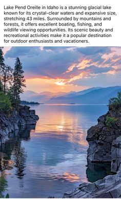 the lake is surrounded by mountains and trees, as well as other things in the water