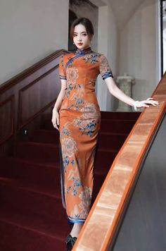 Trendy Fashion Cheongsam Chinese Retro Slim Qipao Wedding Party Summer floral dress, Fashion Women's Dresses Elegant Fitted Cheongsam With Floral Print, Fitted Orange Dress For Banquet, Traditional Fitted Floral Print Cheongsam, Traditional Fitted Floral Cheongsam, Fitted Floral Print Cheongsam With Short Sleeves, Fitted Short Sleeve Floral Cheongsam, Traditional Floral Print Formal Dress, Fitted Floral Embroidered Cheongsam For Party, Fitted Floral Embroidery Cheongsam For Party