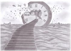 a drawing of a staircase leading up to a clock on the water's edge