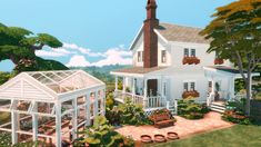 an artist's rendering of a white house surrounded by greenery and potted plants