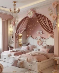 a bedroom decorated in pink and white with two beds