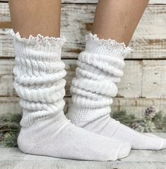 Super Thick Cotton WHITE Lace Slouch Socks Women, Hooter's Style Scrunchy Slouch Socks Lace, USA MADE Quality, Fun Cute Hosiery Fashion - Etsy Cute Fitted Knee-high Socks For Fall, Cozy Knee-high Socks For Spring, Comfortable Leg Warmers For Spring, Spring Leg Warmers, Fitted White Socks With Lace Trim, Fitted Lace Trim Socks For Winter, Fitted Lace Trim Winter Socks, Cute Elastic Socks For Spring, Cute Elastic Spring Socks